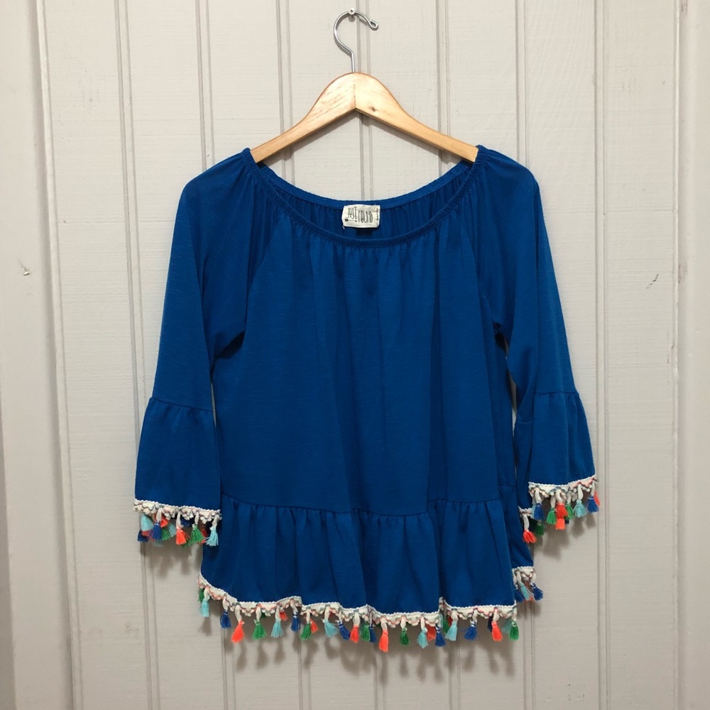 Flouncy blue top with mini tassels by Just Found